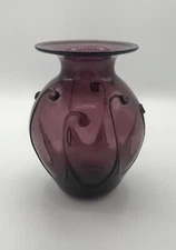 Bruce Cobb Amethyst Purple Art Glass Vase Swirl Lily Pad Design 6.5 “ Signed