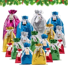 YaaBi Christmas Drawstring Gift Bags - 18 Pcs Fast Wrapping Reusable Foil Gift B