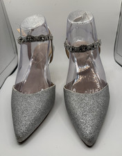 Nina Women's Silver Synthetic Glitter Rhinestone Pointed Toe Ankle Strap 7.5