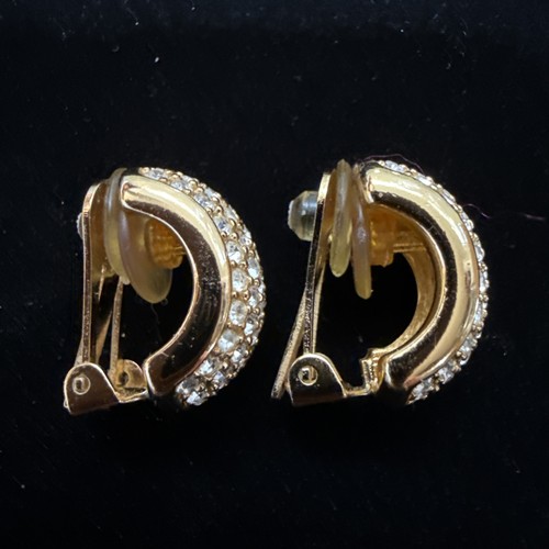 CHRISTIAN DIOR EARRINGS Vtg Rhinestone SIGNED Half Huggie Hoop Clip On - Picture 4 of 12