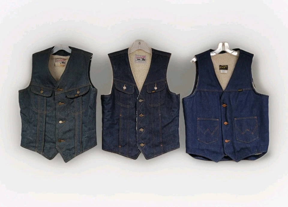 LOT OF 6 VINTAGE DENIM VESTS SHERPA QUILT LINED WESTERN LEE STORMRIDER WRANGLER - Image 2 of 4