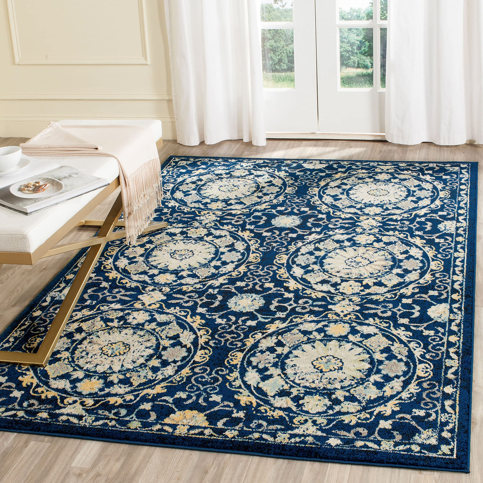 Boho Navy Ivory Evoke Collection 3x5 Non-Shedding Area Rug EVK252A for Living Room or Bedroom