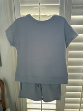 Light Blue Knit Geometric Top  Shorts Set, Short Sleeve, Drawstring, Crew Neck