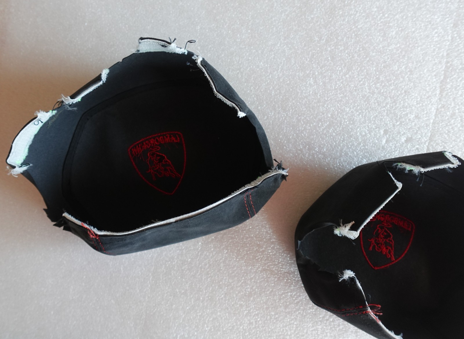 LAMBORGHINI AVENTADOR ALCANTARA RED STITCHING OEM LOGO HEADREST COVERS SET R & L
