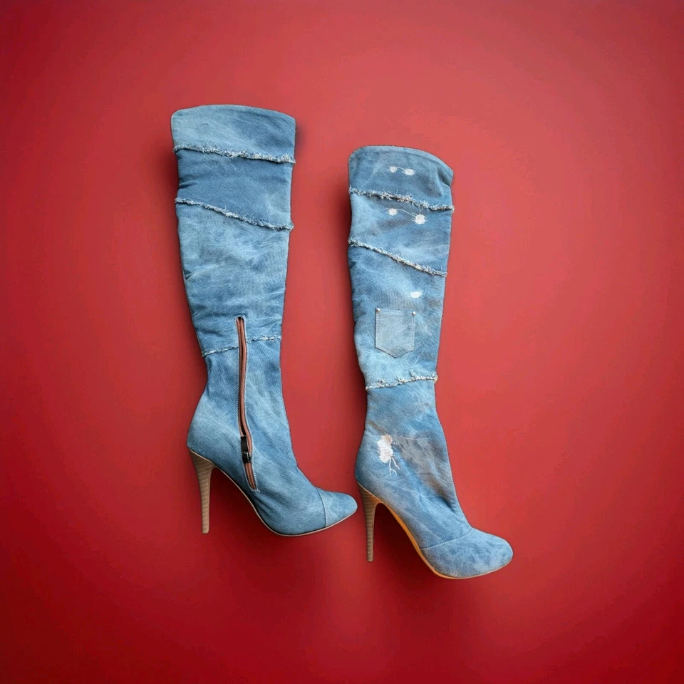 Mujeres Botas Sobre la Rodilla Denim Plataforma Tacones Altos Tacones Altos Punta Punta Zapatos Nuevos Foto 4 de 4