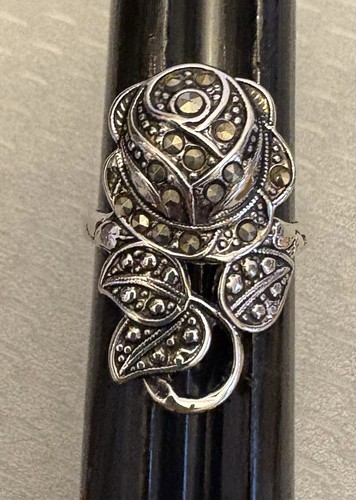 Anillo antiguo vintage de plata de ley de marcasita esculpido rosa flor talla 7 - Imagen 10 de 12