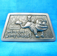 Woods Frog Logo Promo Belt Buckle Were One Jump Ahead Vtg 70s Spec Cast .BMW043