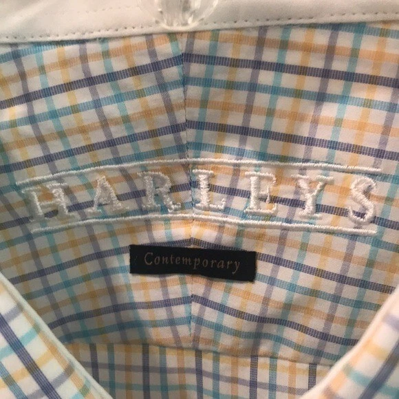 Camisa de vestir Harleys para hombre 18,5 larga azul a cuadros manga larga negocios botones preppy Foto 2 de 4