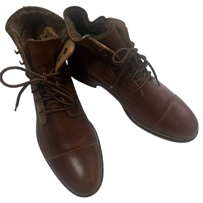 Johnston & Murphy J&M Brown Sz 9 Cap Toe Leather Lace Up Boots w/Shearling Italy