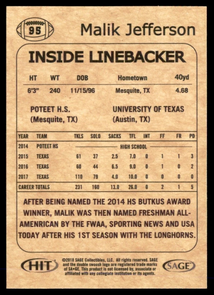 2018 SAGE HIT Malik Jefferson Texas Longhorns #95 - Image 2 of 2