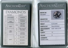 Loose Natural Diamond 0.16ct I2 G Round Brilliant. UK AnchorCert Assay Office