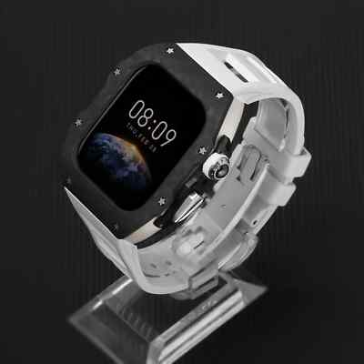 Genuine Carbon Fiber Mod Kit Case Band fr Apple Watch S10 42mm 46mm Rubber Strap