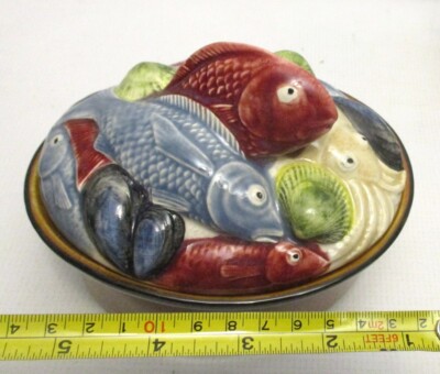 Vtg MAJOLICA Portugal TUREEN COVERED BOWL FISH Shells Palissy Style