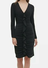 Tommy Hilfiger Women's Black V Neck Long Sleeve Ruffle  Party Dress Size 2