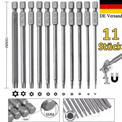 MARKENLOS 11x Torx Bit Set T6-T40 100mm Lang Magnetisch mit Stirnloch Schraubendreher Satz