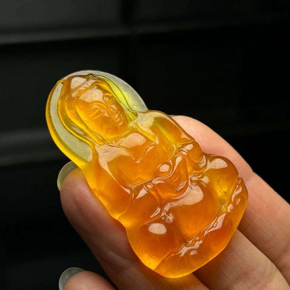 Nature ice Yellow jade Jadeite Carved Avalokitesvara Pendant&Necklaces - Image 2 of 4