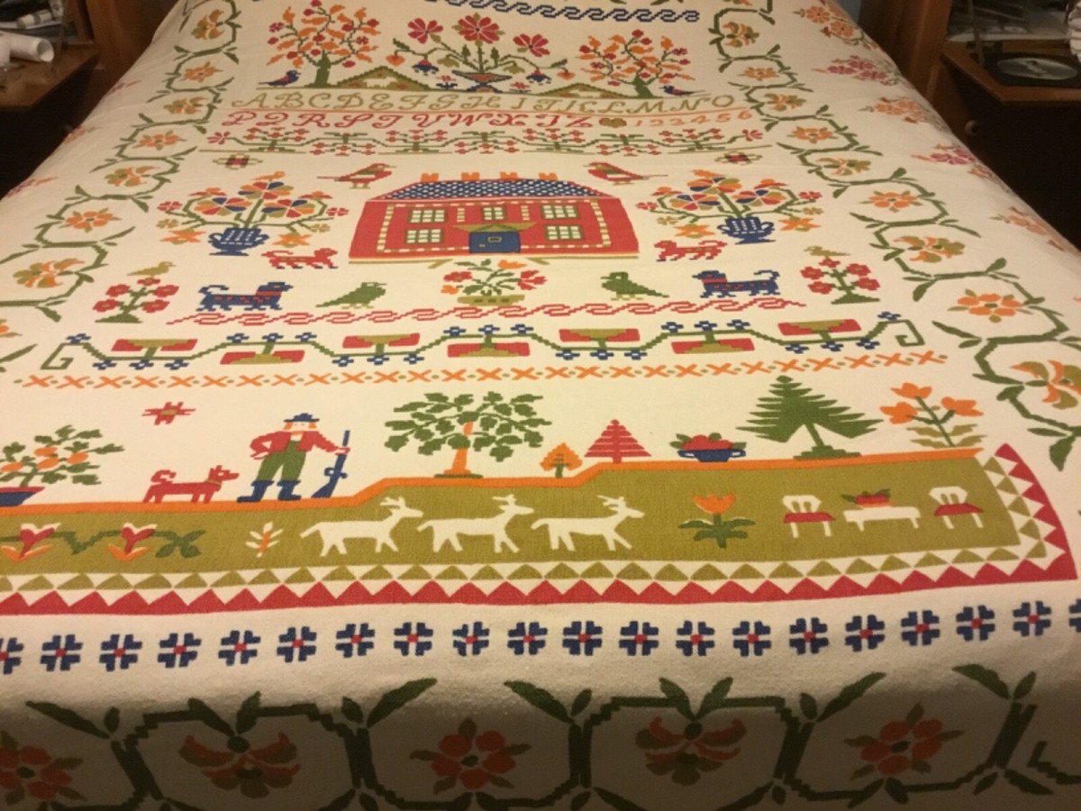 Vintage Fieldcrest Sampler Alphabet Bedspread W/ Fringe sz