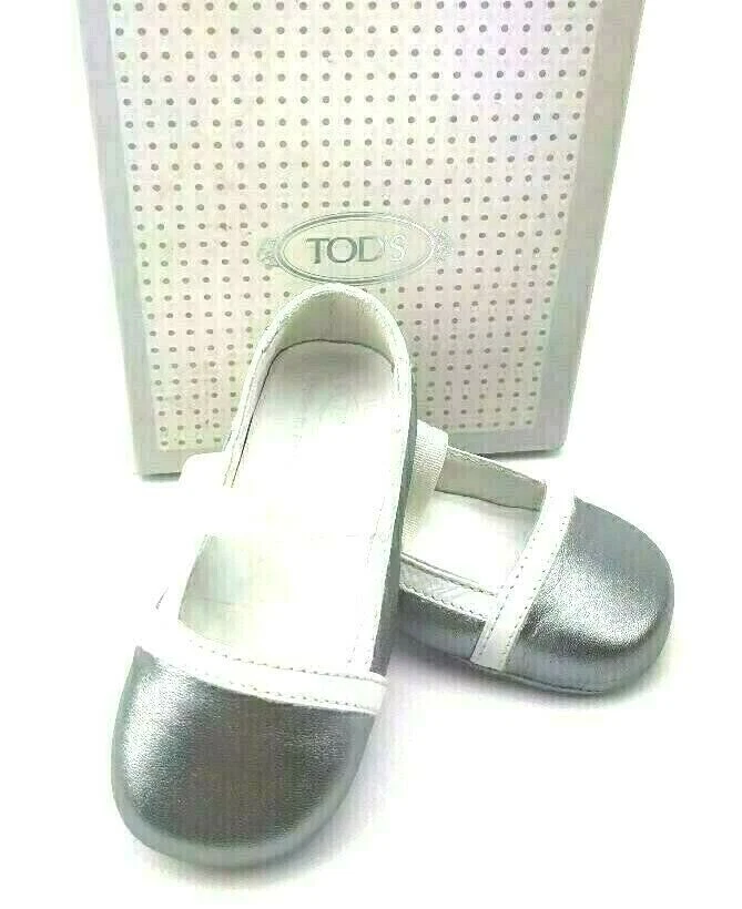 TOD’S TOD'S BABY Ballerine Italiane in Pelle Argento con Bianco US TAGLIA 3 NUOVISSIME!