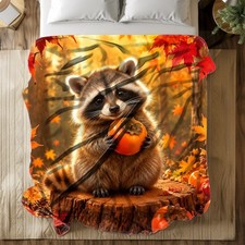 Autumn Raccoon With Persimmon Coral Fleece Blanket Fall Nature Art