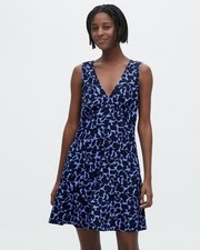 Uniqlo Rayon Printed V-Neck Mini Dress in Blue & Navy Leaf Print Size Large VGC