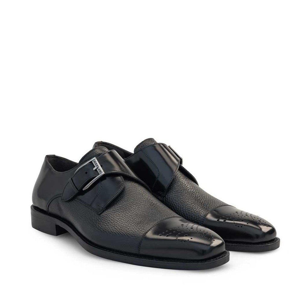 Albini Burnished Black Suede Monk Strap | Mezlan Dress Shoes for Men