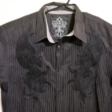 Roar Shirt Mens Large Long Sleeve Button Black Stripes Embroidery