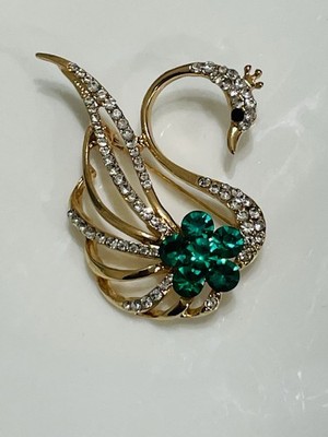 Elegant Swan Gold Tone Clear & Green Rhinestone Brooch Lapel Pin 2 