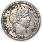 1914-D Barber Dime Silver Almost Uncirculated AU Coin, Cleaning #26275