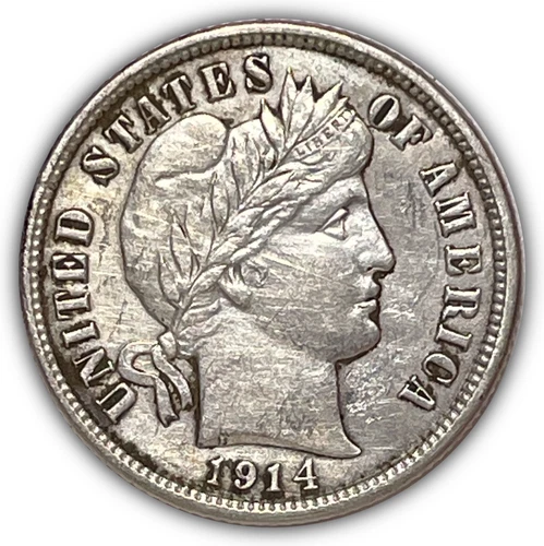 1914-D Barber Dime Silver Almost Uncirculated AU Coin, Cleaning #26275
