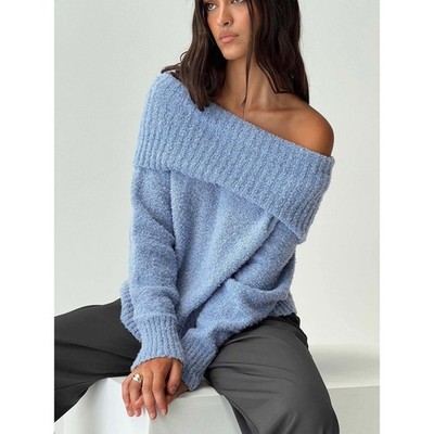 Princess Polly Parkley Boucle Off The Shoulder Blue Sweater Size XS/S NWT