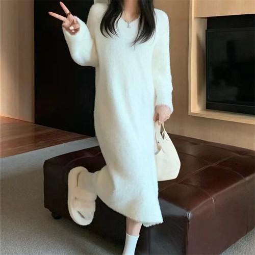 Womens Fluffy Faux Fur V Neck Long Sleeves Over Knee Warm Knitted Sweater Dress - Picture 8 of 10