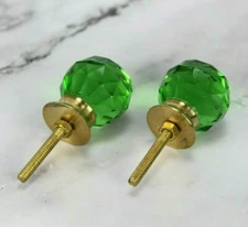 Victorian Green Cut Glass Door Knob Pair 2 Pcs - Brass Accented, Home Decor