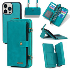Removable Leather Magnetic Women Zipper Card Wallet Crossbody Phone Case Cover