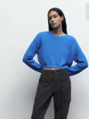Zara Soft Touch Knit Cropped Sweater Small Blue