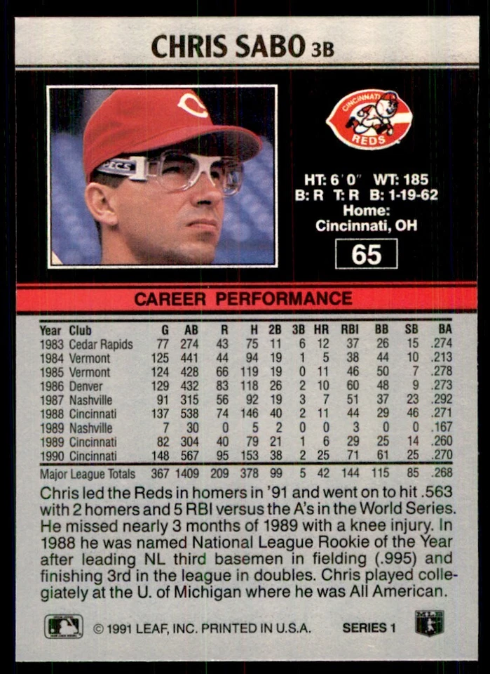 1991 Leaf Chris Sabo Baseball Cards #65 - Image 2 of 2