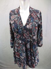 Forever 21 Size S Women Paisley Gathered Waist V-Neck Long Sleeve Midi Dress 058
