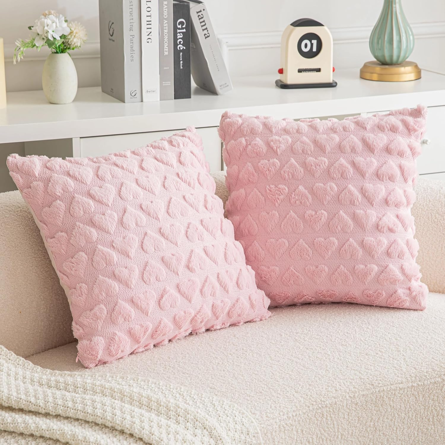 Set of 2 Pink Heart Valentines Throw Pillow Covers 18x18 Soft Decorative