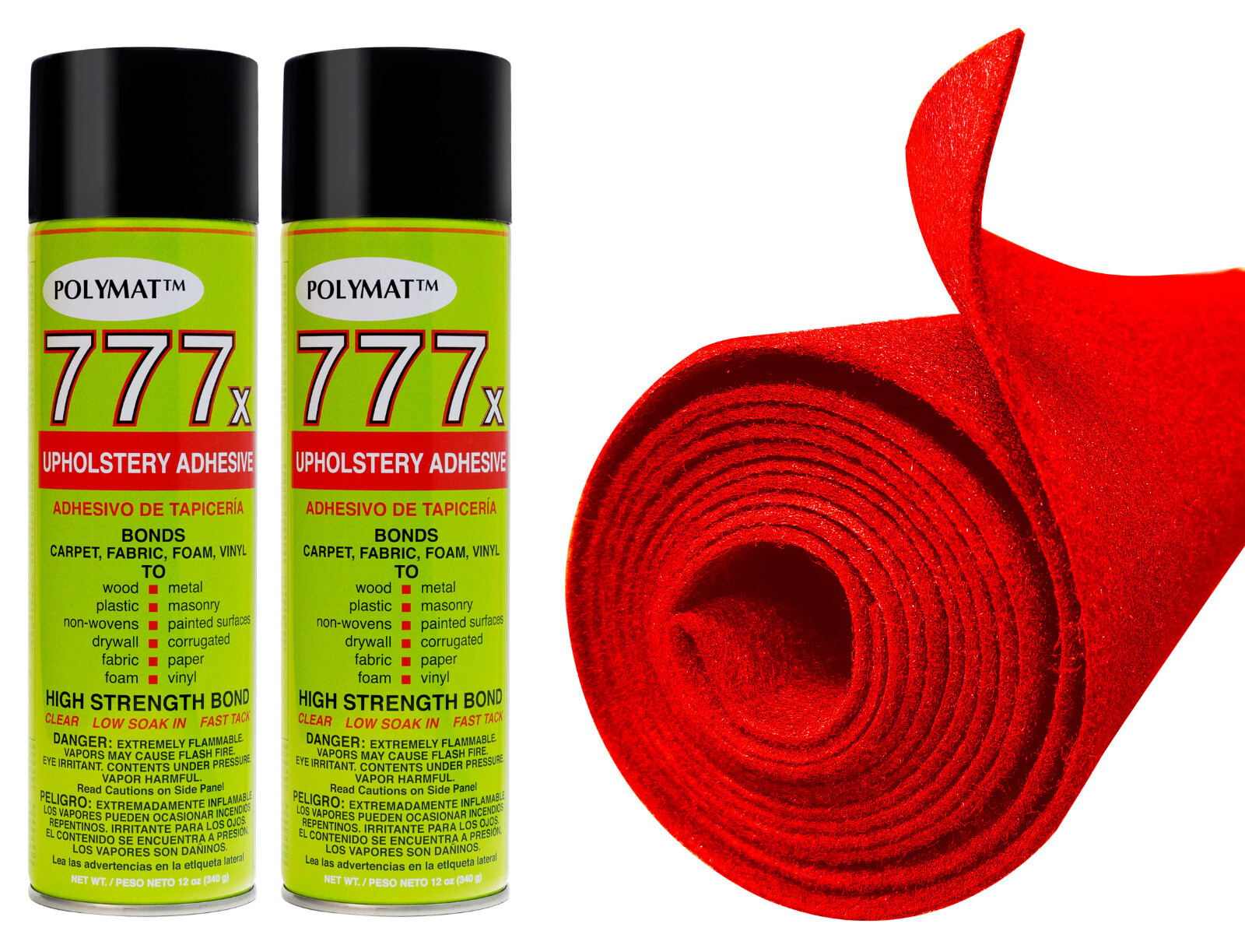 12FT x 3.75FT RED Carpet ROLL + 2 CANS of 777 Glue for Polymat Teardrop