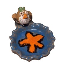 Posacenere vintage adorabile piatto gufo in terracotta di Enesco dipinto a mano