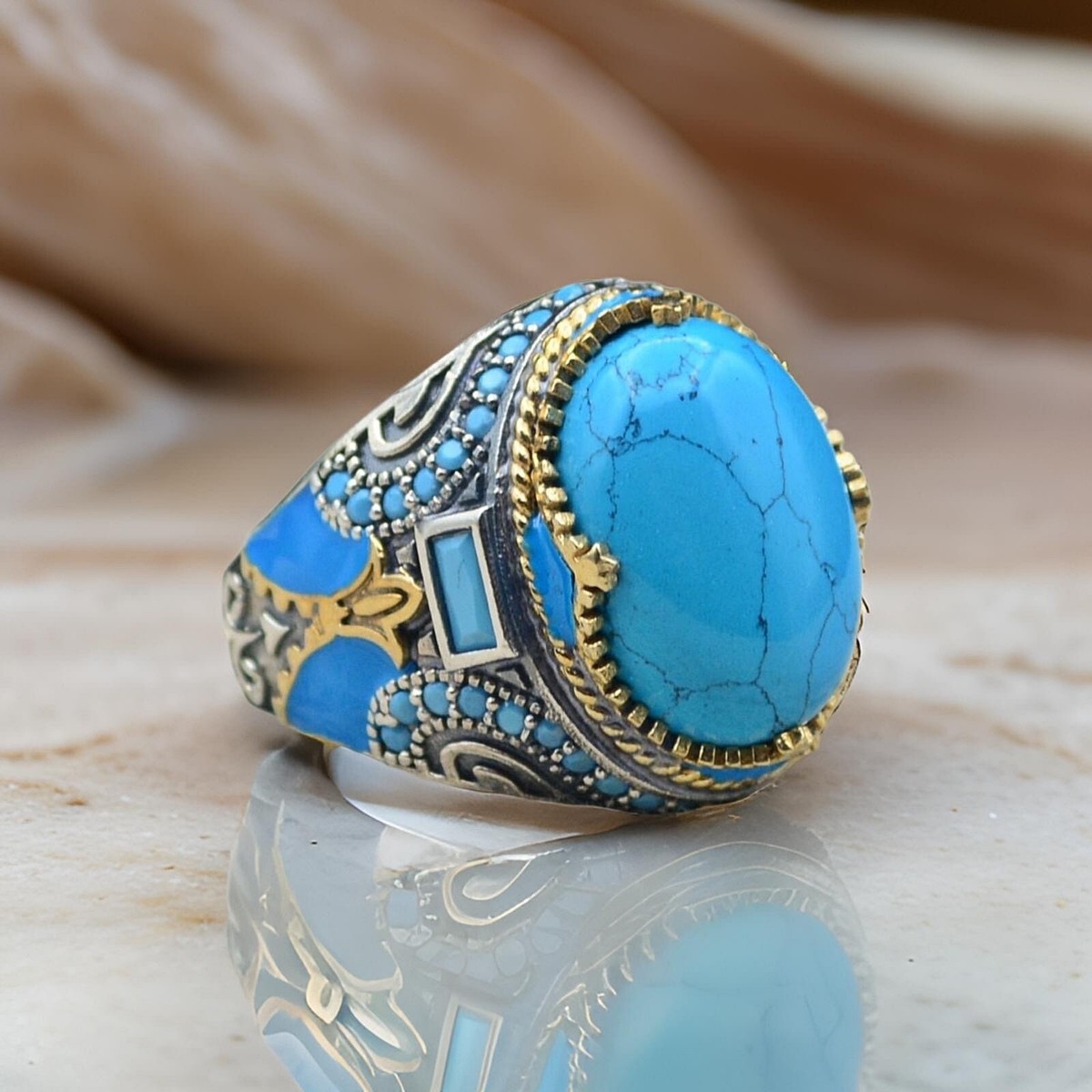 Real Solid 925 Sterling Silver Turkish Jewelry Turquoise Men's