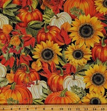 Cotton Fall Leaves Pumpkins Harvest Floral Metallic Fabric Print by Yard D514.60