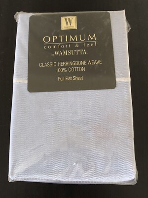 NEW Wamsutta Optimum 100% Cotton 240 TC  FULL Flat Sheet Herringbone Lt Blue/Wht