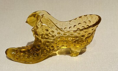 Collectible Amber Glass Vintage Fenton Hobnail Slipper Shoe Cat's Head