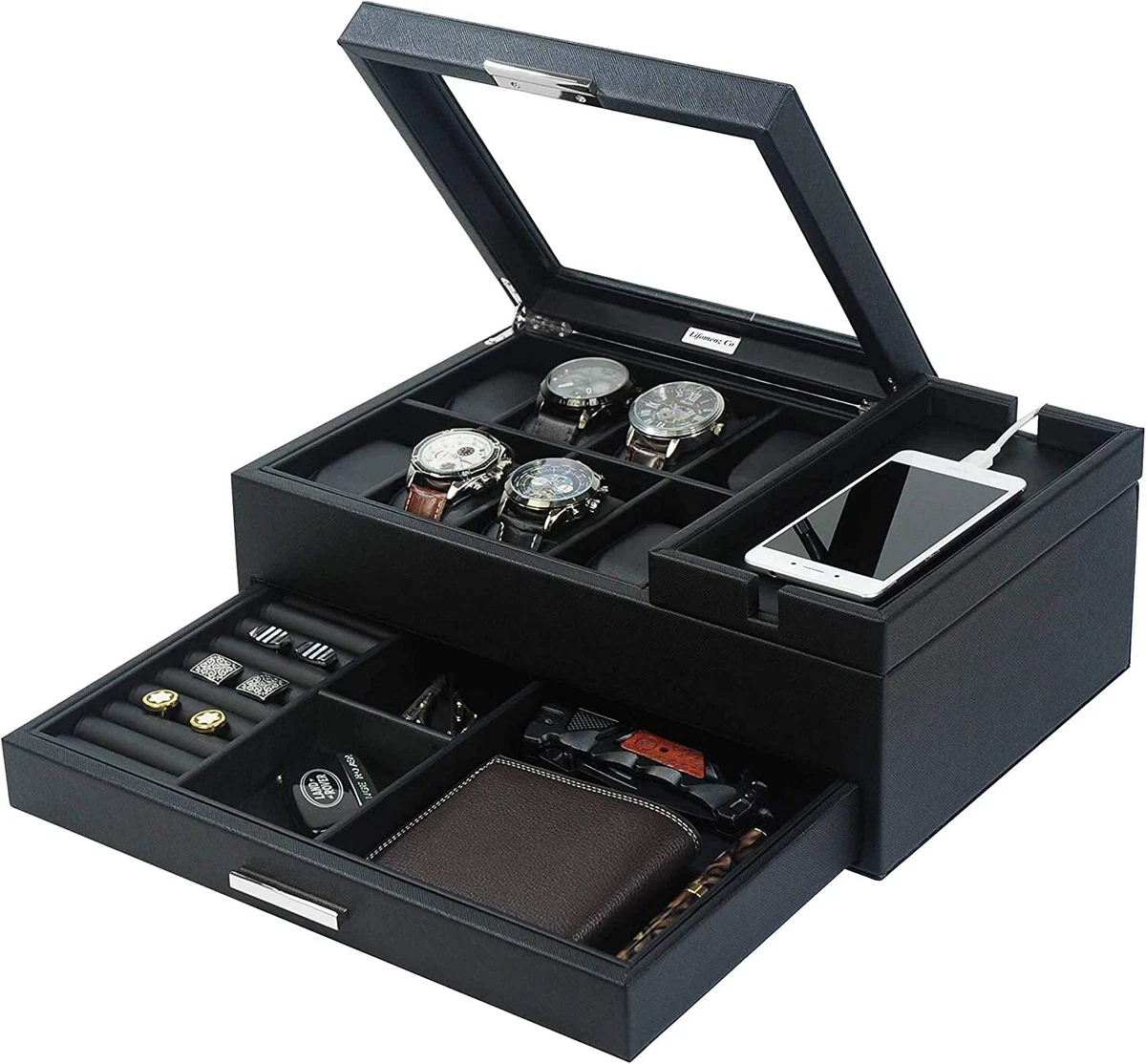 Executive Men Jewelry Box Valet Tray W/ Drawer Storage Box Organizer  Nightstand