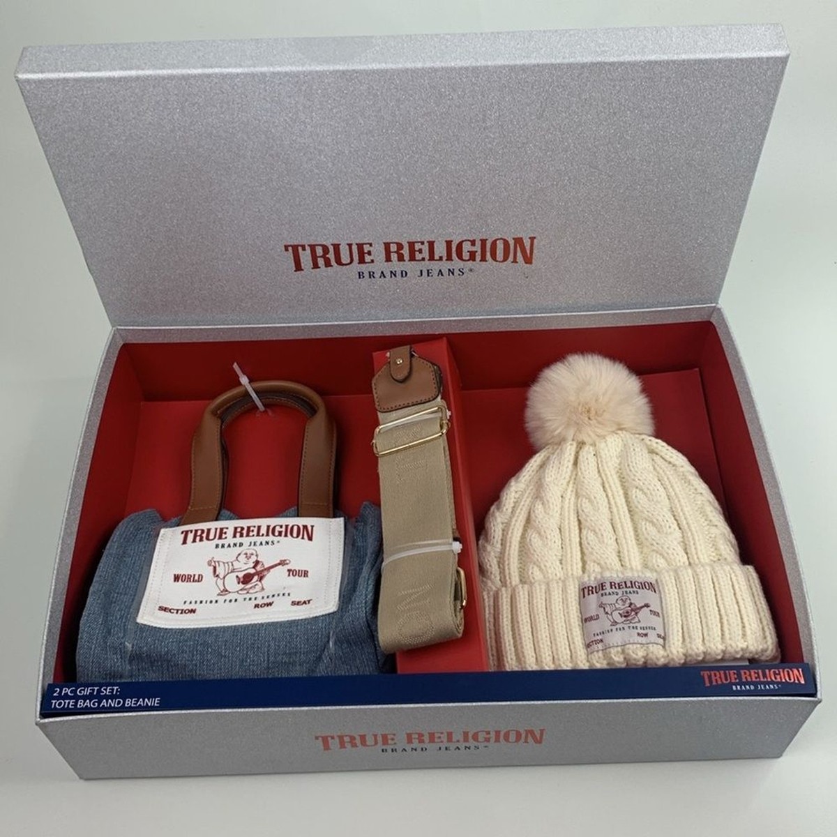 True Religion Cream pompom Beanie and Blue denim Tote  display picture 1