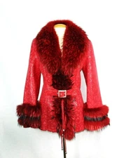 100% LEATHER SHEARLING COAT JACKET COLLAR RED SIZE M BRAND NEW 143
