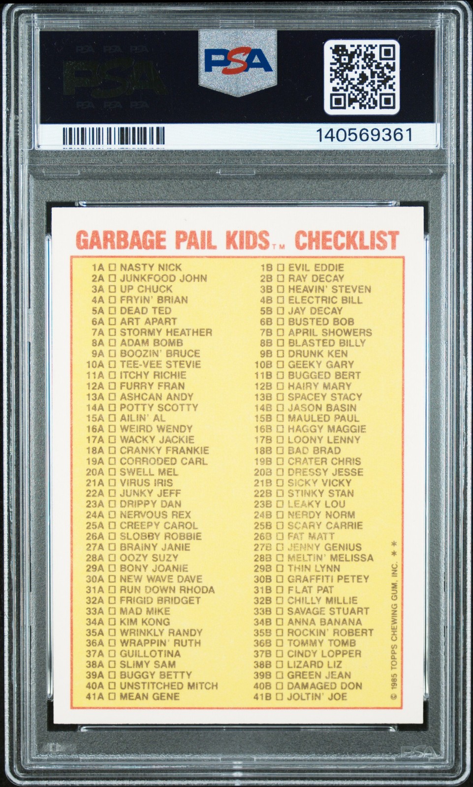 1985 GARBAGE PAIL KIDS STICKERS CHECKLIST #8A ADAM BOMB PSA 8 view 2