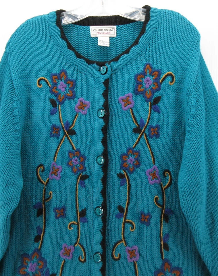Victor Costa Sweater Women 1X Plus Blue Wool Cardigan Floral Embroidered VTG * - Image 2 of 4