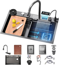 Lavello Da Cucina Con Cascata, 80 × 45 Cm, Rubinetto a Cascata LED, Tagliere Sco