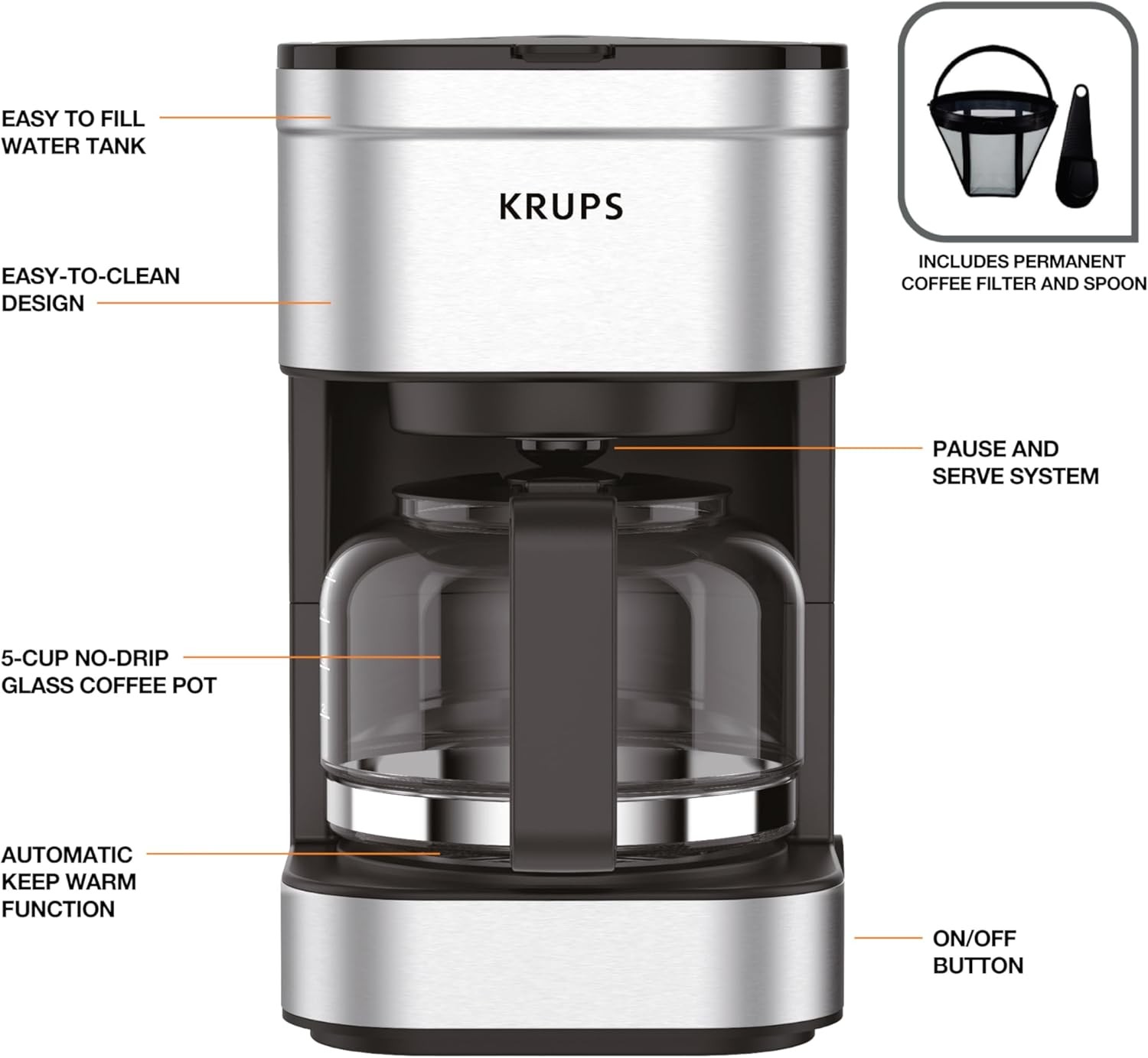KRUPS Simply Brew Compact 5 Cup Coffee Maker: Stainless Steel Design